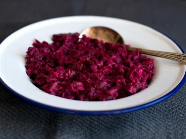 Poached red beet salad mixed with Greek yogurt