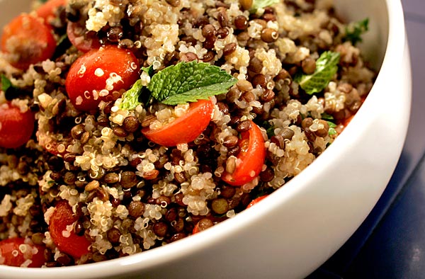 Lentil salad with couscous and cherry tomatoes