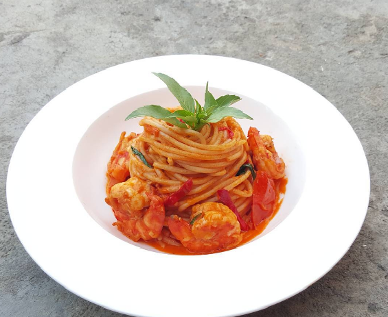 Prawn Pasta in red sauce made with fresh local tomatoes